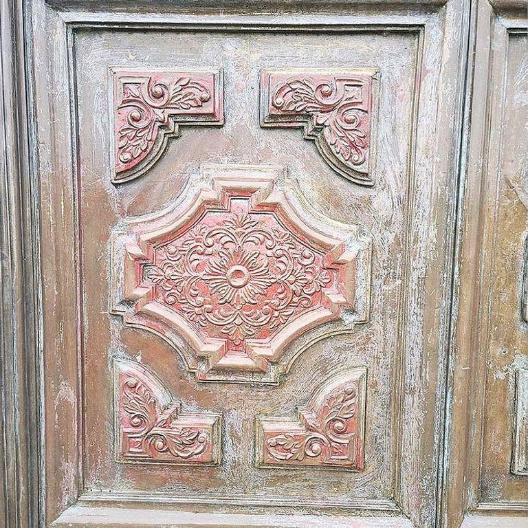 Large 8' Mediterranean Multipaneled Molding Bronze Covered Walnut Double Doors