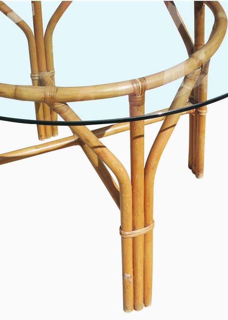 Restored Mid-century Round Glass Top 3-Strand Rattan Dining Table