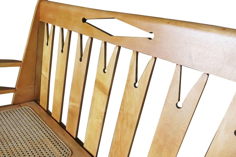 Blonde Wood Sofa with Clothespin Shaped Accents In The Style of Stickley