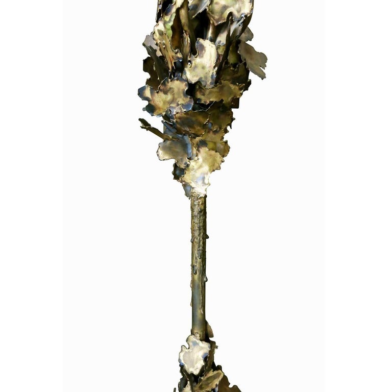 Tom Greene Style Brutalist Torch-Cut Brass Torchiere Floor Lamp
