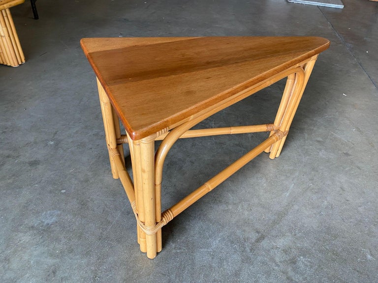 Restored Rattan Corner Wedge Table with Mahogany Tabletop