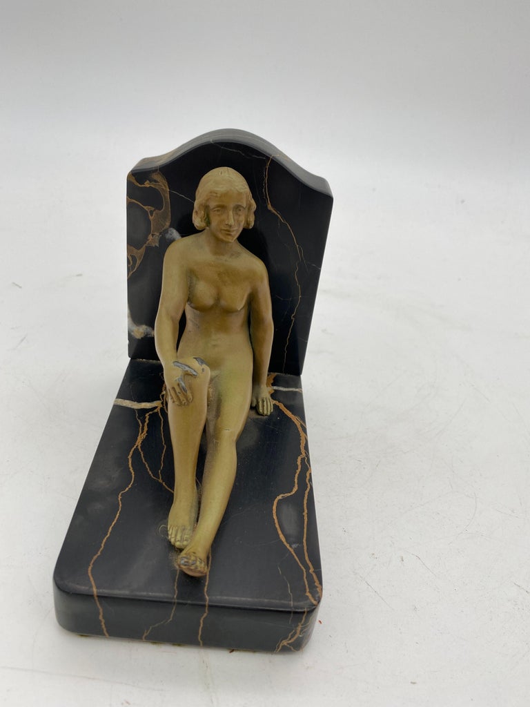 French Nude Flapper Girl Spelter Metal & Marble Bookend Pair, 1920