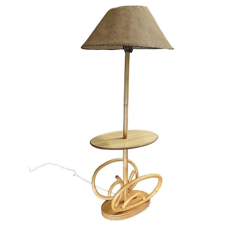 Restored Rare Mid Century Rattan Pole Floor Lamp & Drink Stand w Magazine Holder