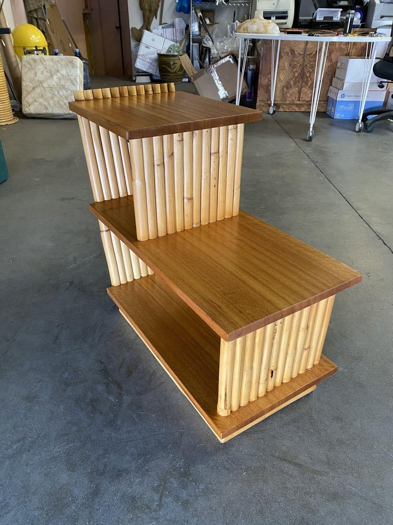 Restored Mid-Century Vertically Stacked Geometric Rattan Side Table, Mahogany