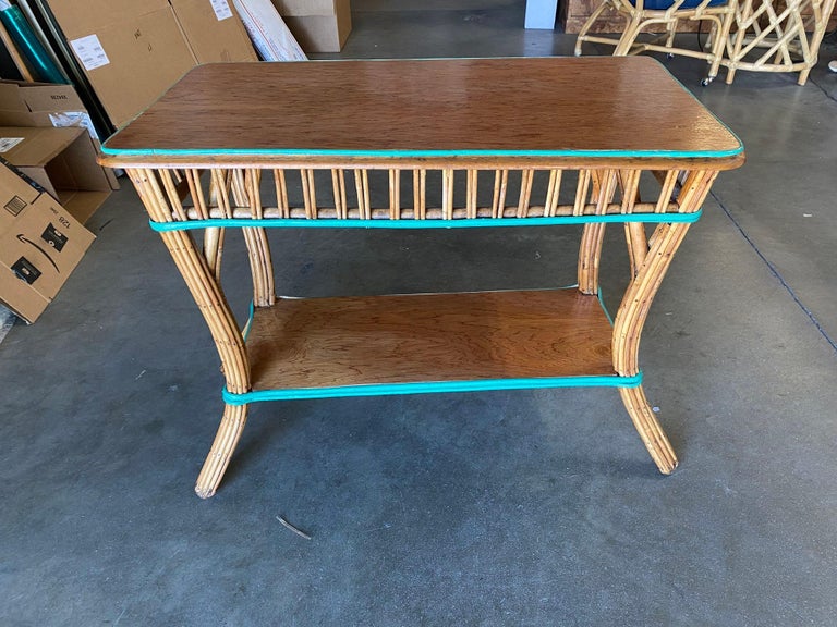 Restored Presidential Stick Reed Rattan TV Stand/Console Table w/ Mahogany Top
