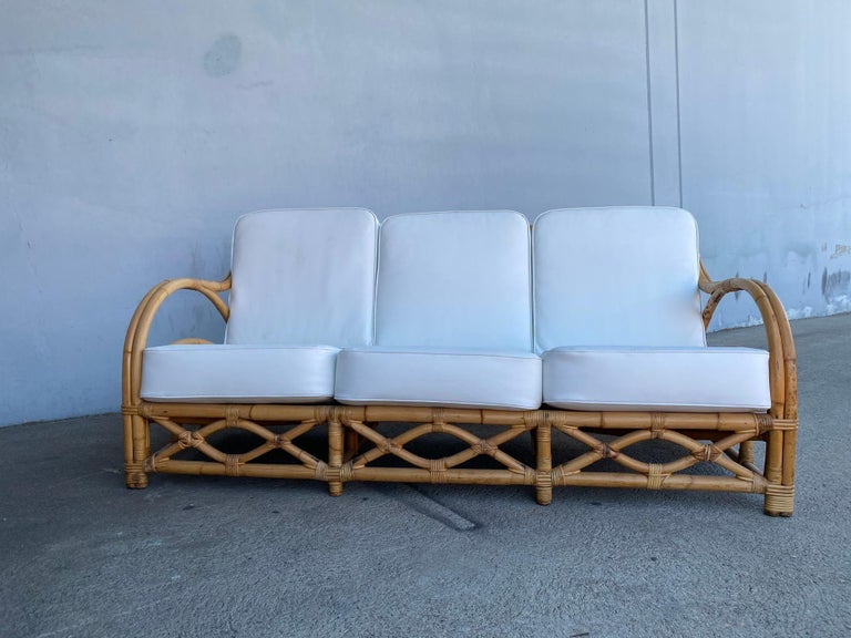 Rare Restored "1940s Transition" Rattan Sofa and Lounge Chair Living Room Set