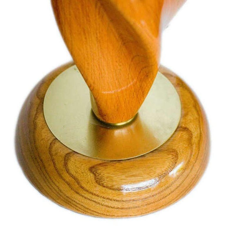 Mid-century Carved Spiral Oak & Brass Sculptural Table Lamps by Yasha Heifetz