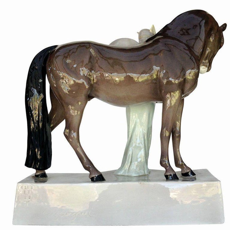 Ceramic Valkyrie and Horse Sculpture by Stanislaus Capeque for Goldscheider