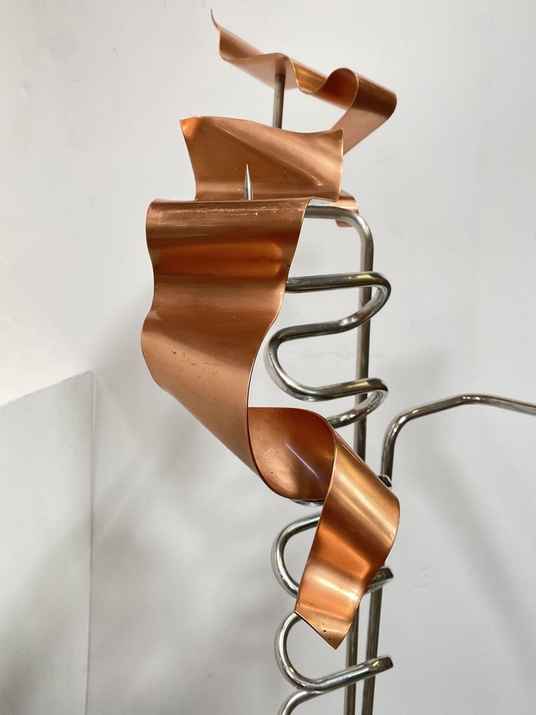 Machine Chrome & Copper 3 Arm Artist Signed Abstract Sculptural Candelabra