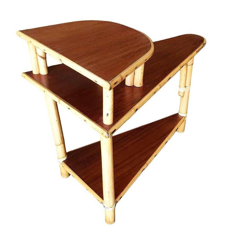 Restored Mid-century 3-Tier Wedge Side Lamp Table w/ Mahogany Tops