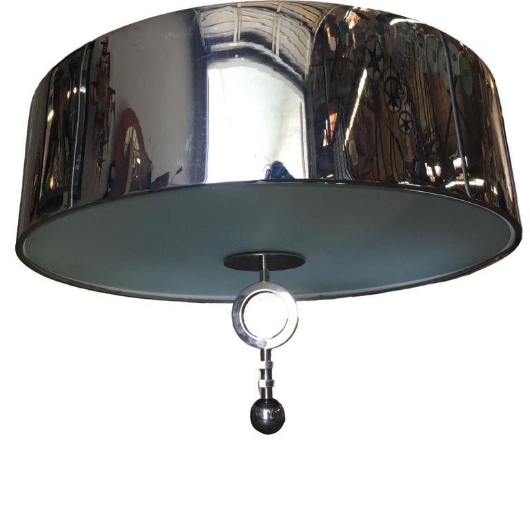 Chrome Drum Chandelier with Frosted Glass Shade