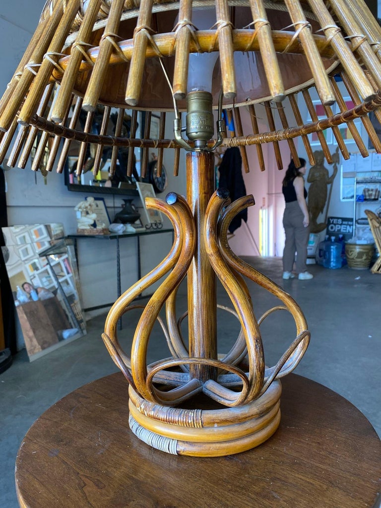 Restored Modernist Stacked Stick Reed Rattan Table Lamp w/ Rattan Shade