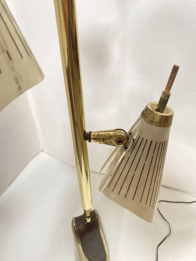 Mid Century Googie Brass & Art Pottery Floor Lamp w/ Fiberglass Shades