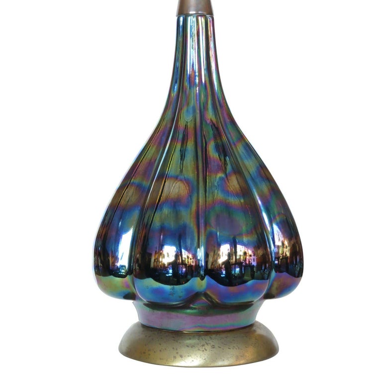 Mid-century Iridized Art Glass Table Lamp w/ Brass Base