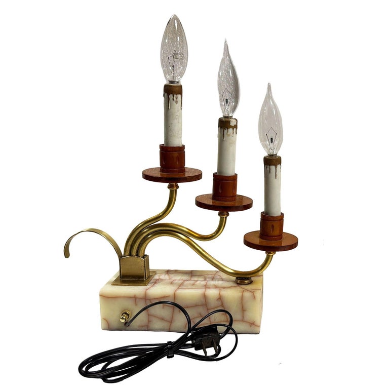 Hollywood Regency Three Candle Bakelite & Brass Table Lamp, Pair