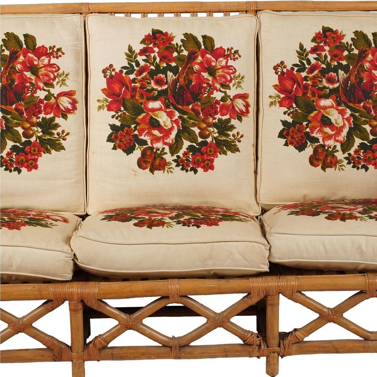Rare MCM Stepped Rattan Sofa Chair Ottoman Livingroom Set w/ Built in End tables