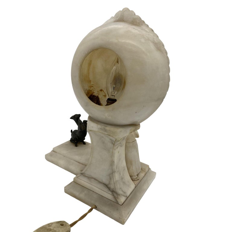 Hand Carved Art Deco Nude Flapper Girl Alabatser Table Lamp w/ Bronze Gazelle