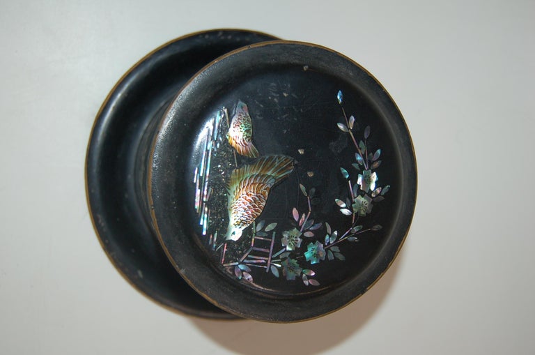 Vintage Post War Japanese Black Aboloni Round Tea Caddie Canister