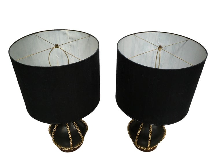 Large Midcentury Pottery Gold Tone Chain Lamps with Shade