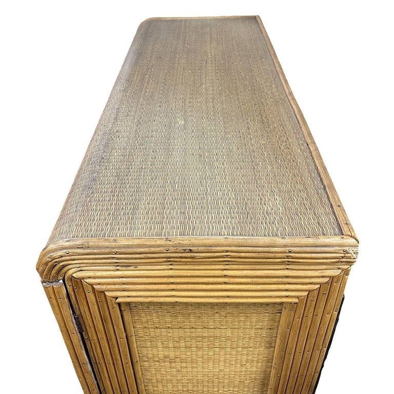Restored Art Deco Stick Rattan & Grass Mat China Cabinet/Etagere