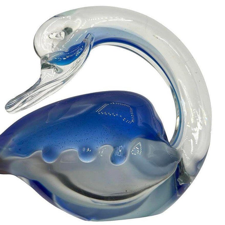 Hand Blown Blue & Transparent Murano Art Glass Swan Ring Tray