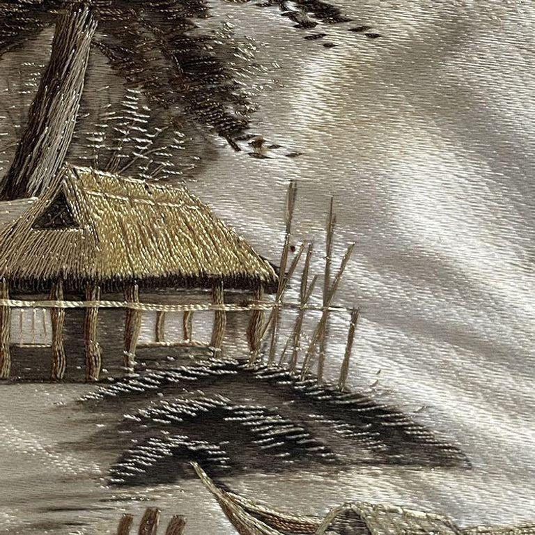 Three Chinese Silk Embroidery Tapestry Art Tropical Landscape in Rattan Frames