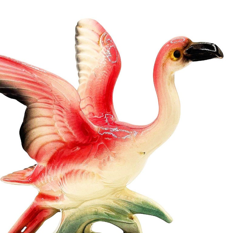 Mid-century California Pottery Ceramic Pink Open Wing Flamingo Table Planter