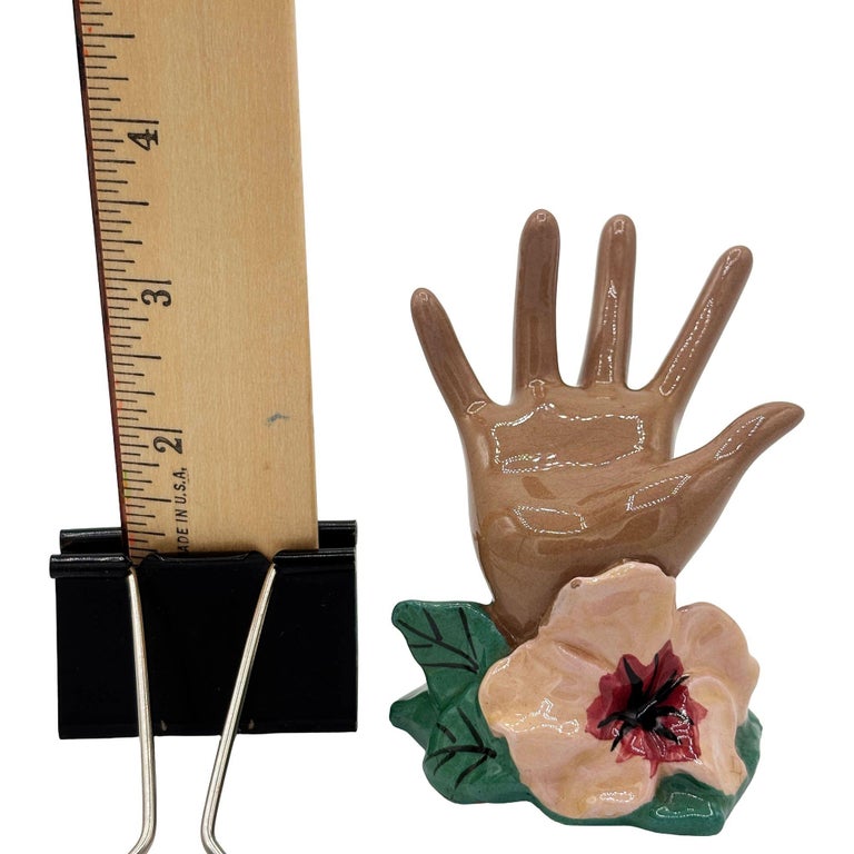 California Pottery Figural Hand w/ Magnolia Flower Ring Holder by Clemensons