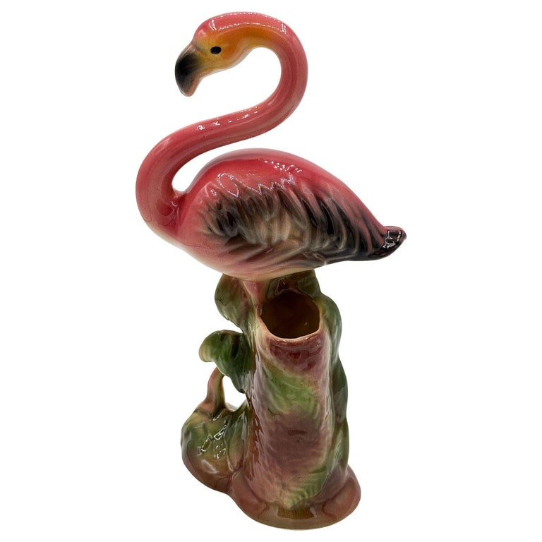 Large 10" MCM Ceramic Hand Painted Flamingo Flower Table Planter, California