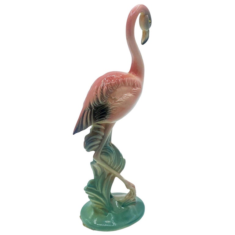 Matching Mid-century Pink Flamingo Ceramic Tabletop Statue Set By Brad Kealer