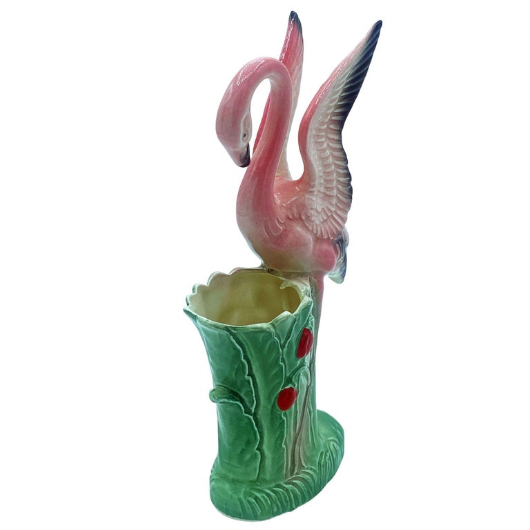 Mid-century "Lovers" Pink Flamingo Ceramic Tabletop Vase Set By Leftons