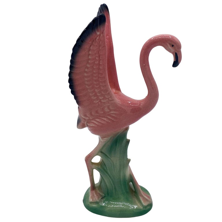 Mid-century Ceramic Mid Flight Pink Flamingo Tabletop Statue Set By Leftons