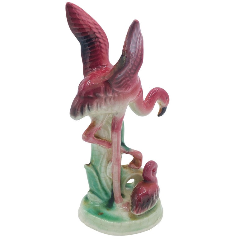 Mid-century Ceramic Miniature Pink Flamingo Tabletop Statue By Leftons