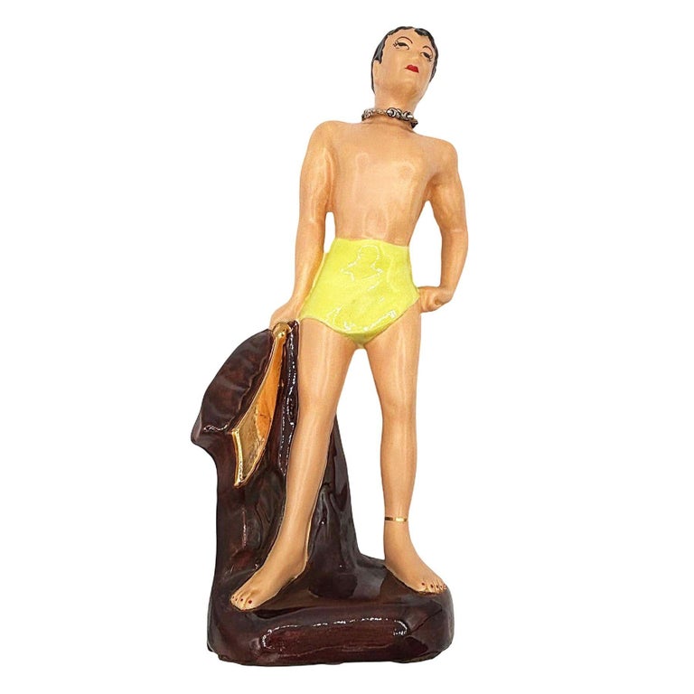 Mid-Century Hand Painted Hawaiian Hula Girl & Male Surfer Ceramic Statue Set