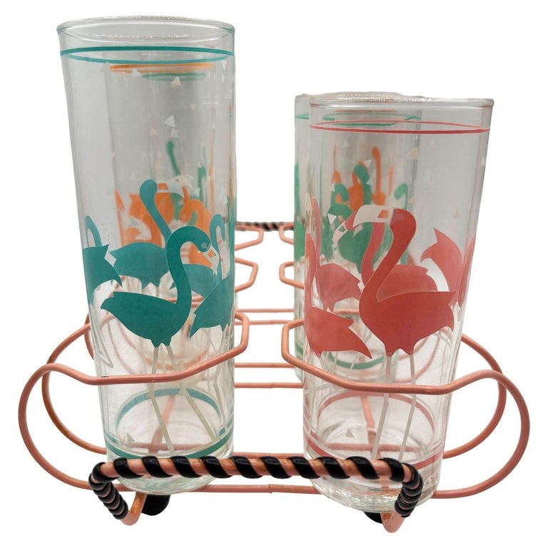 Mid-Century Pink Wire Frame Drinks Tray w/ Six Highball Flamingo Glasses