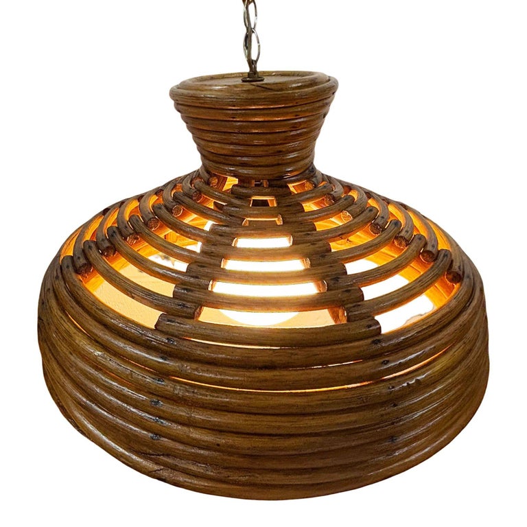 Restored Mid-century Hanging Rattan Ceiling Lamp Chandelier w/ Center Globe