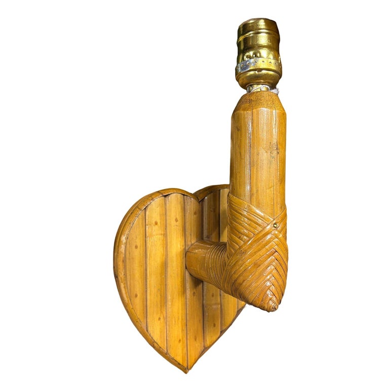 Bespoke Mid-century Split Rattan Heart Shaped Wall Sconce