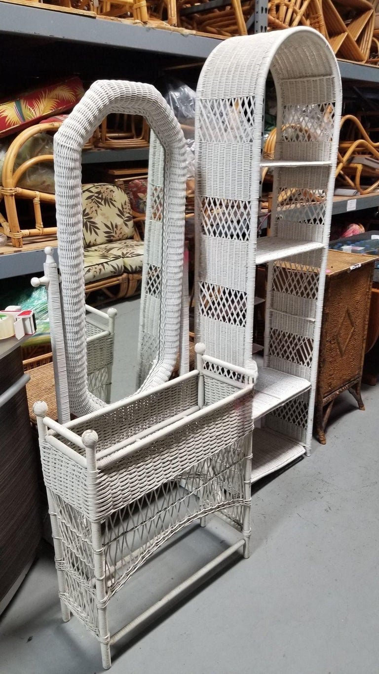 Restored White Rattan Wicker Arched Bookcase