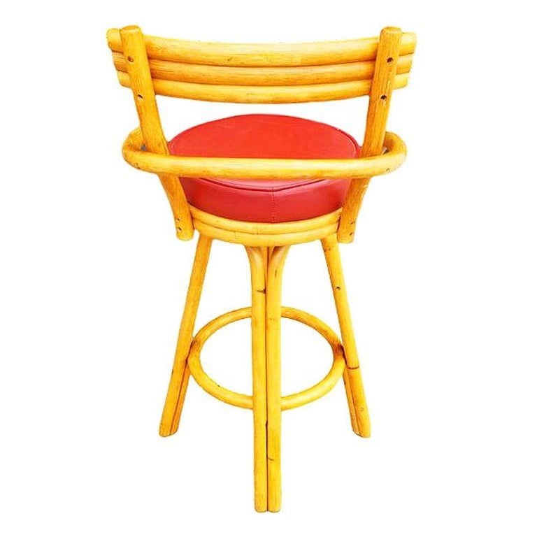 Restored Mid-century Rattan Stacked Bar Swivel Stools w/ Red Seat , Set of 4