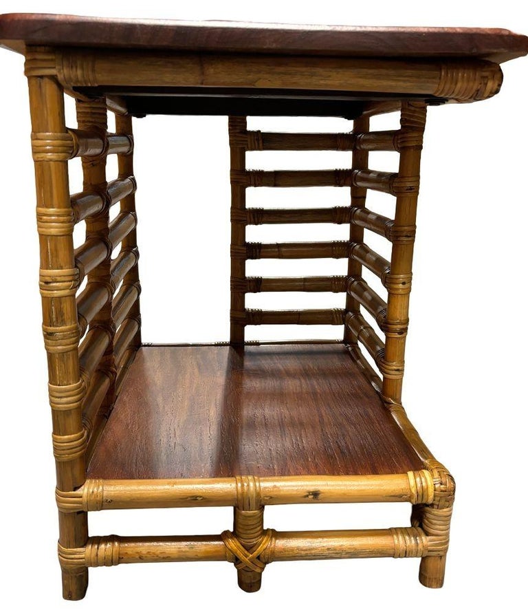 Restored Rattan "Jacob's Ladder" Storage Side Table with Mahogany Top