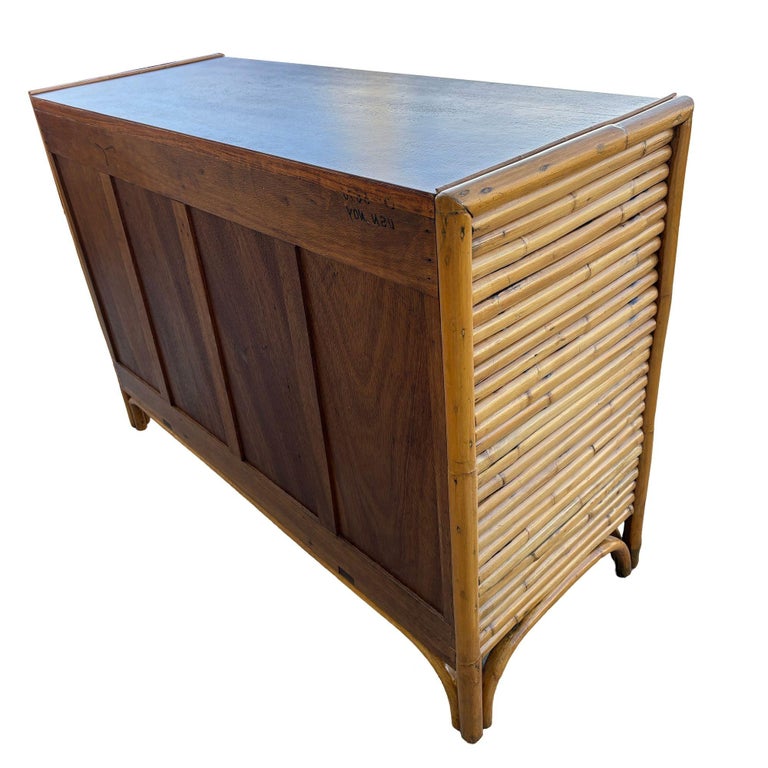 Restored Early Mid-century Stacked Rattan Credenza TV Stand w/ Mahogany Top