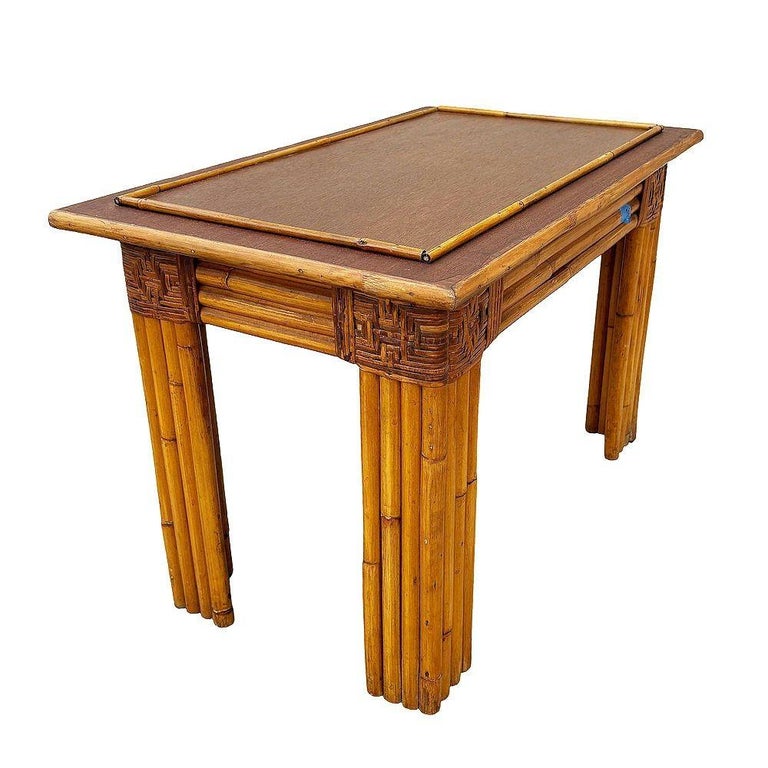 Restored Vertically Stacked Rattan Console Table w/ Mahogany Top