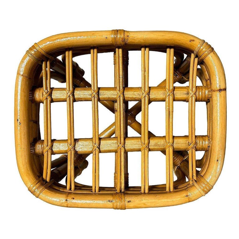 Restored Mid-century Rattan & Wicker Triple Arched Vanity Stool w/ Palm Fabric