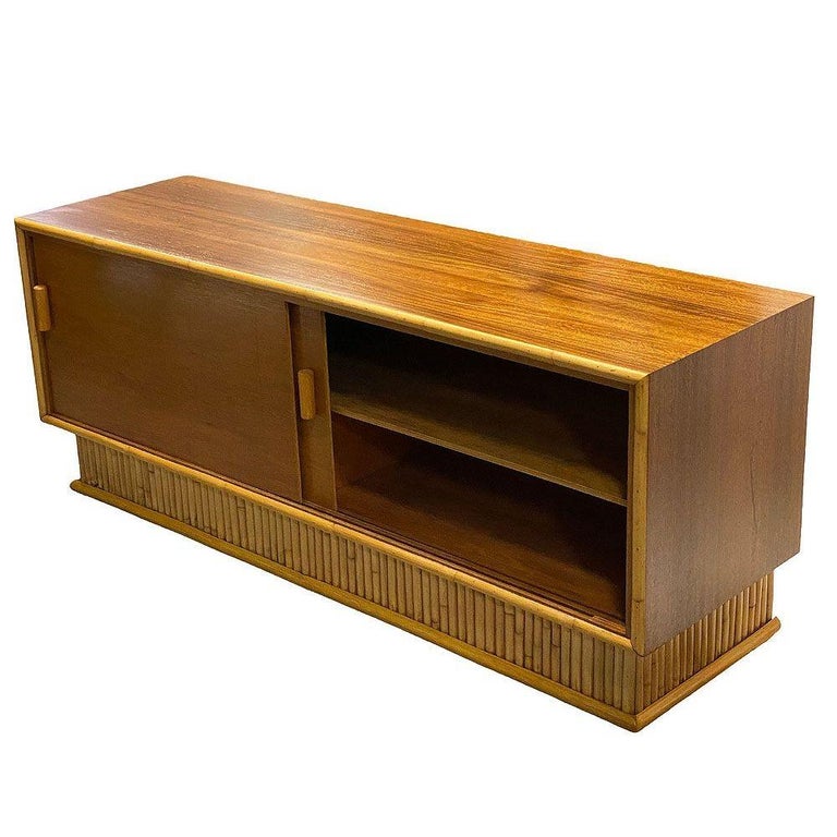 Restored Frankl Style Rattan & Mahogany Credenza TV Stand W/ Stacked Rattan Base
