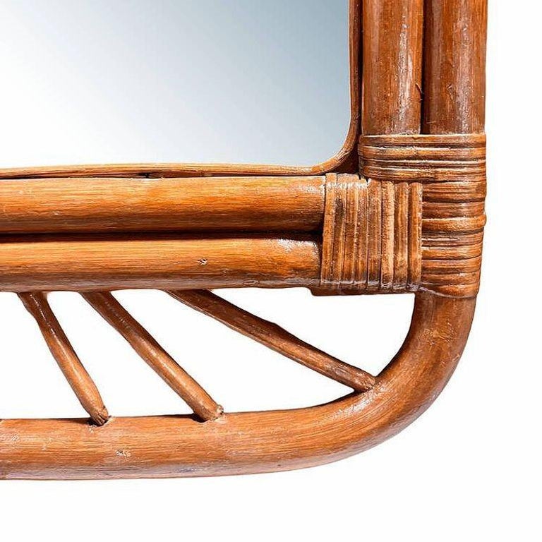 Restored Single-Strand Rounded Rattan Wall Mirror W/ Stick Reed Rattan