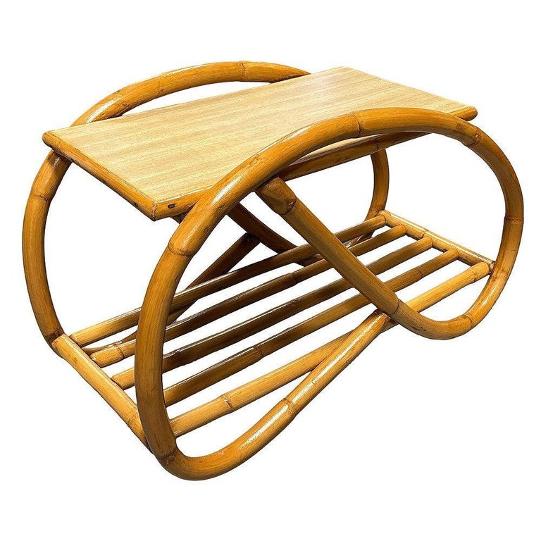 Restored Mid-century 3/4 Pretzel Rattan & Formica "Grasshopper" Side Table, Pair