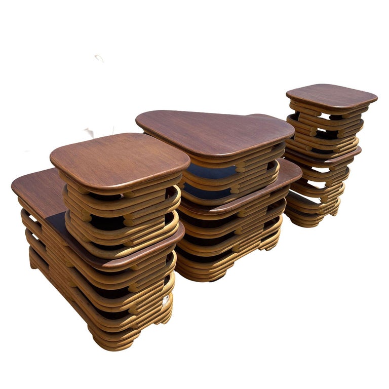Mid-Century Two-Tier Stacked Rattan & Mahogany Coastal Side & Corner Table Set