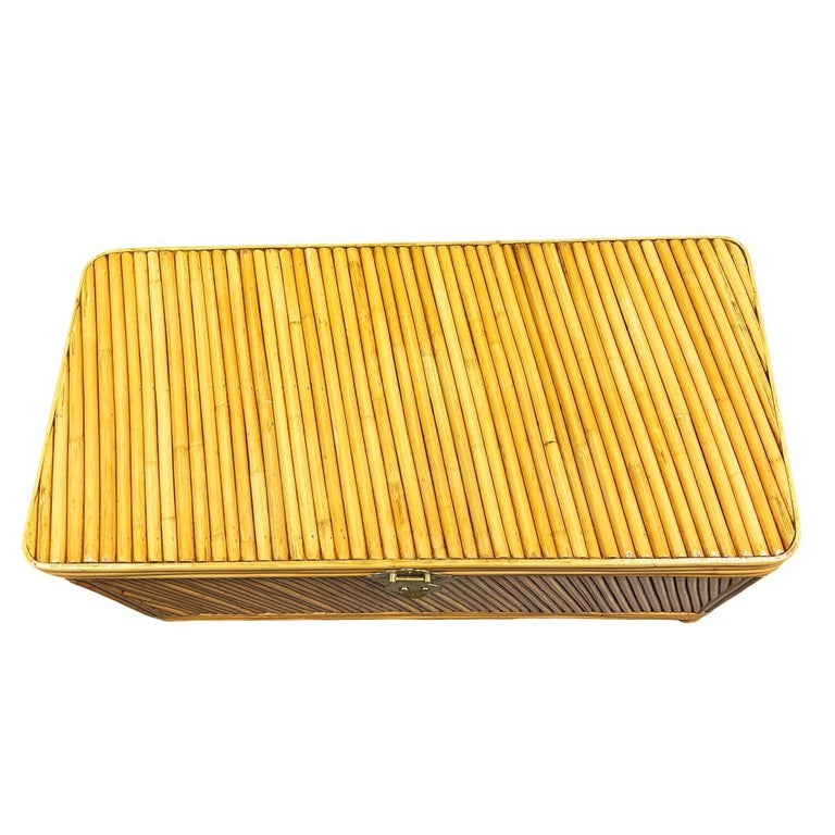 Restored Mid-century Split Reed Rattan & Pine Trunk w/ Brass Paktong Latch