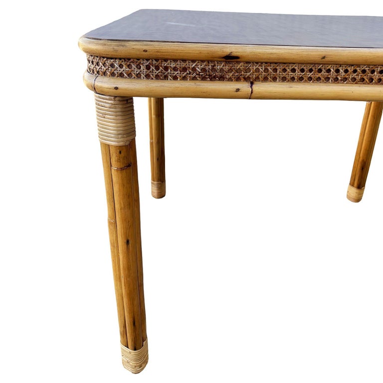 Restored 4-Strand Legs Rattan Dinette Dining Table w/ Formica Top & Wicker Sides