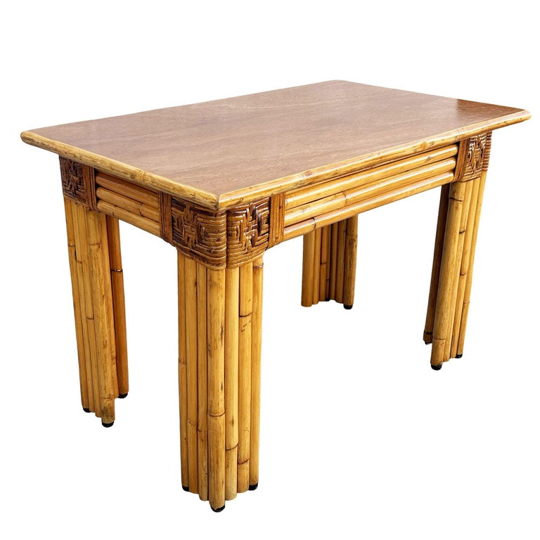 Restored Mid-century Vertically Stacked Rattan Mahogany Top Console Table